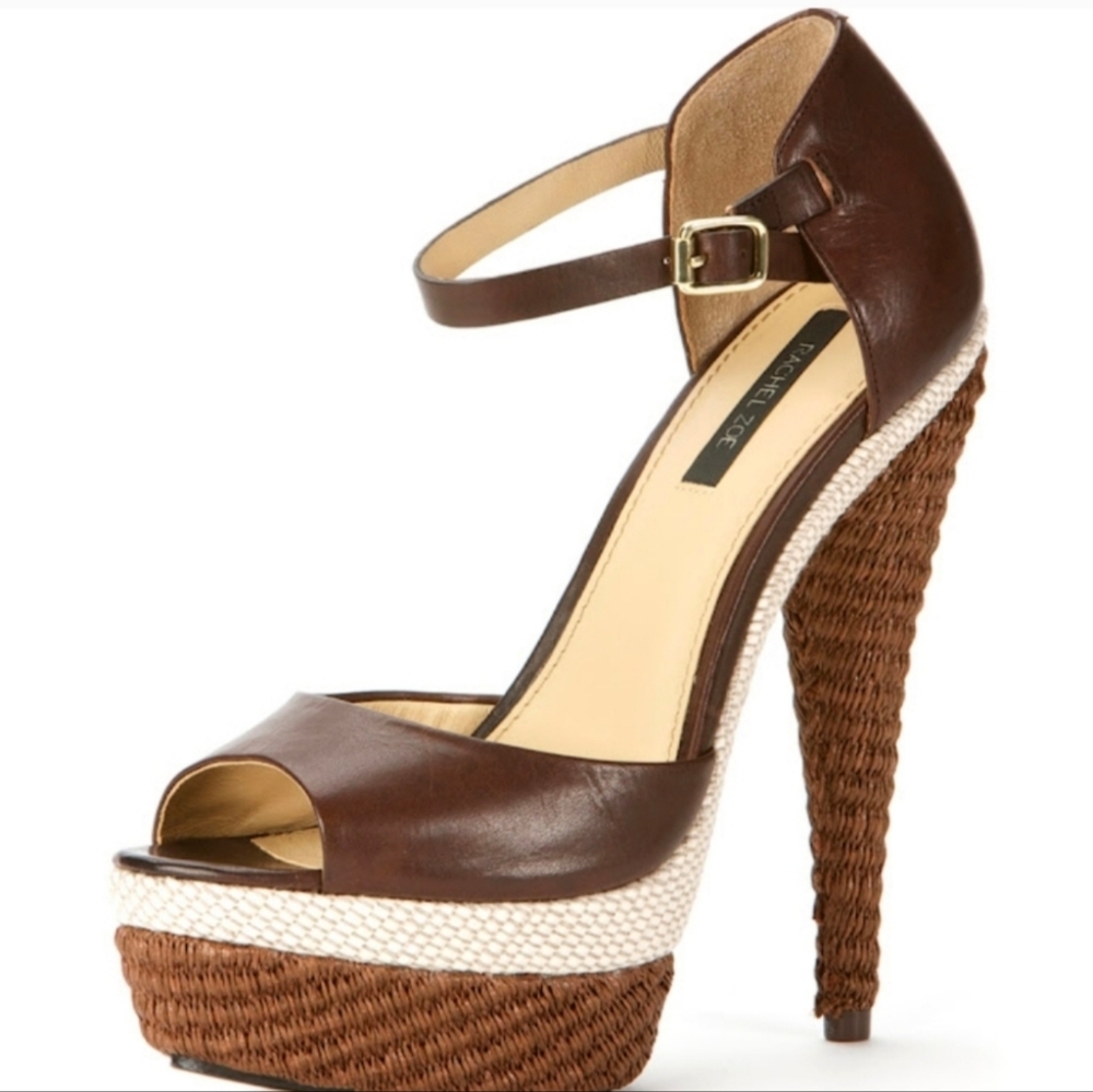 Rachel Zoe Brown Leather Platform Wedge Heels with Natural Rope Trim